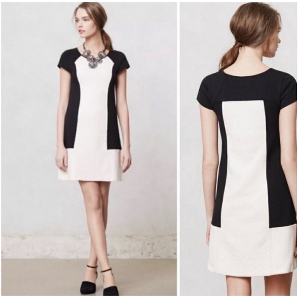 Anthropologie Maeve Corby Colorblock Shift Dress Black Cream Size S‎